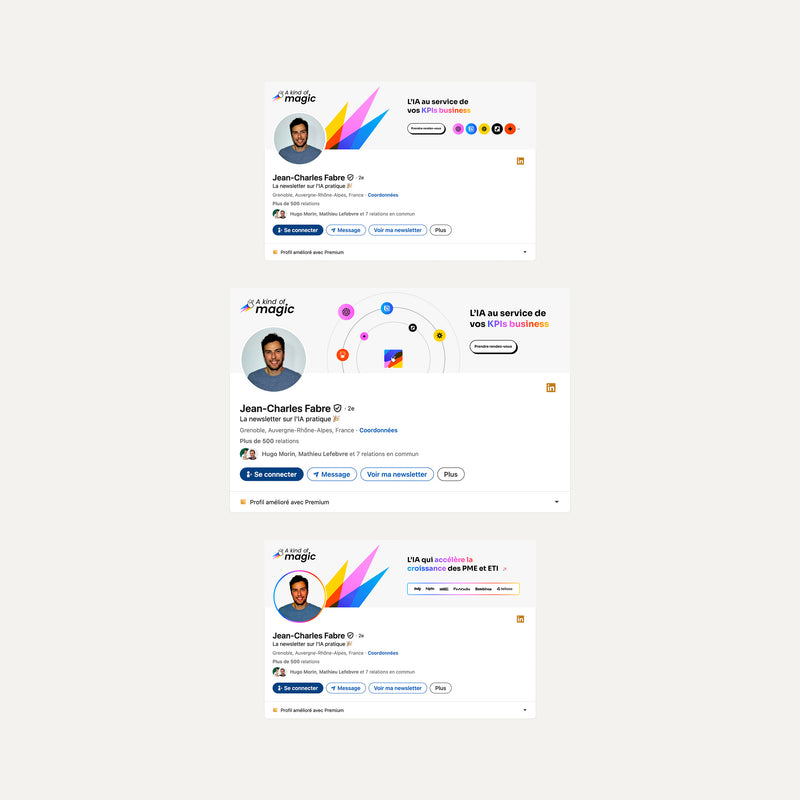 Trois déclinaisons de bannières LinkedIn A Kind of Magic, avec motifs multicolores et messages sur l’IA en entreprise.