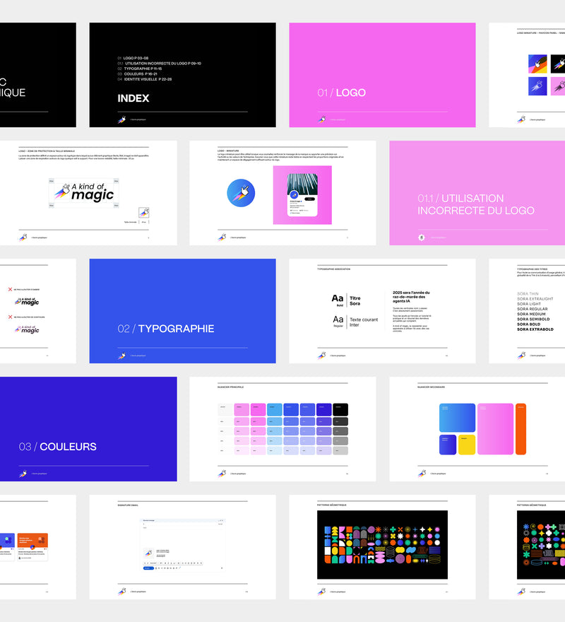 Planches de la charte graphique A Kind of Magic présentant le logo, les typographies, les couleurs et leurs usages.