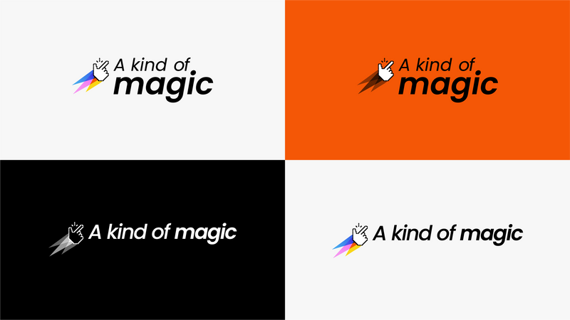 Déclinaisons du logo A Kind of Magic en versions horizontale et empilée, sur fonds blanc, orange et noir.
