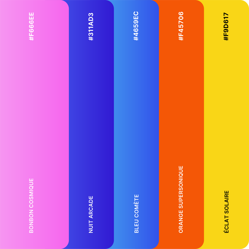 Palette de l’identité A Kind of Magic : rose, violet, bleu, orange et jaune, avec leurs codes hexadécimaux.