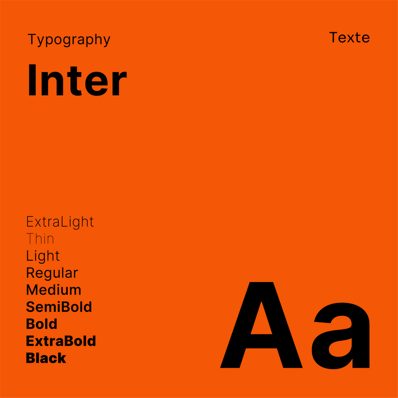Typographie Inter destinée aux textes, avec ses différentes graisses et les lettres Aa sur fond orange.