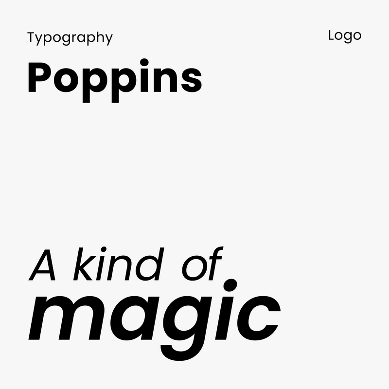 Typographie Poppins utilisée pour le logo A Kind of Magic, présentée en noir sur fond blanc.