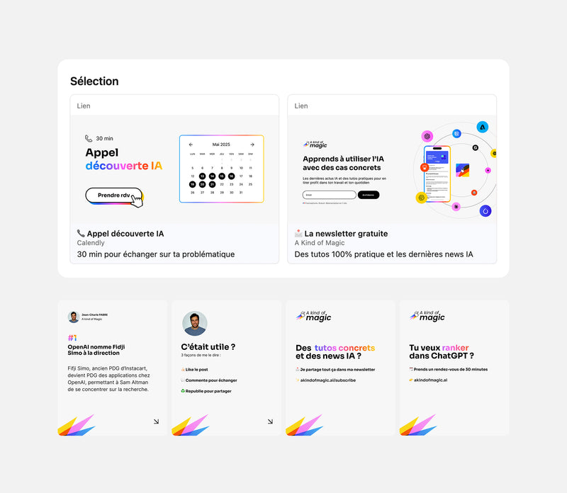 Visuels A Kind of Magic pour LinkedIn : appel découverte, masterclass et publications autour de l’intelligence artificielle.