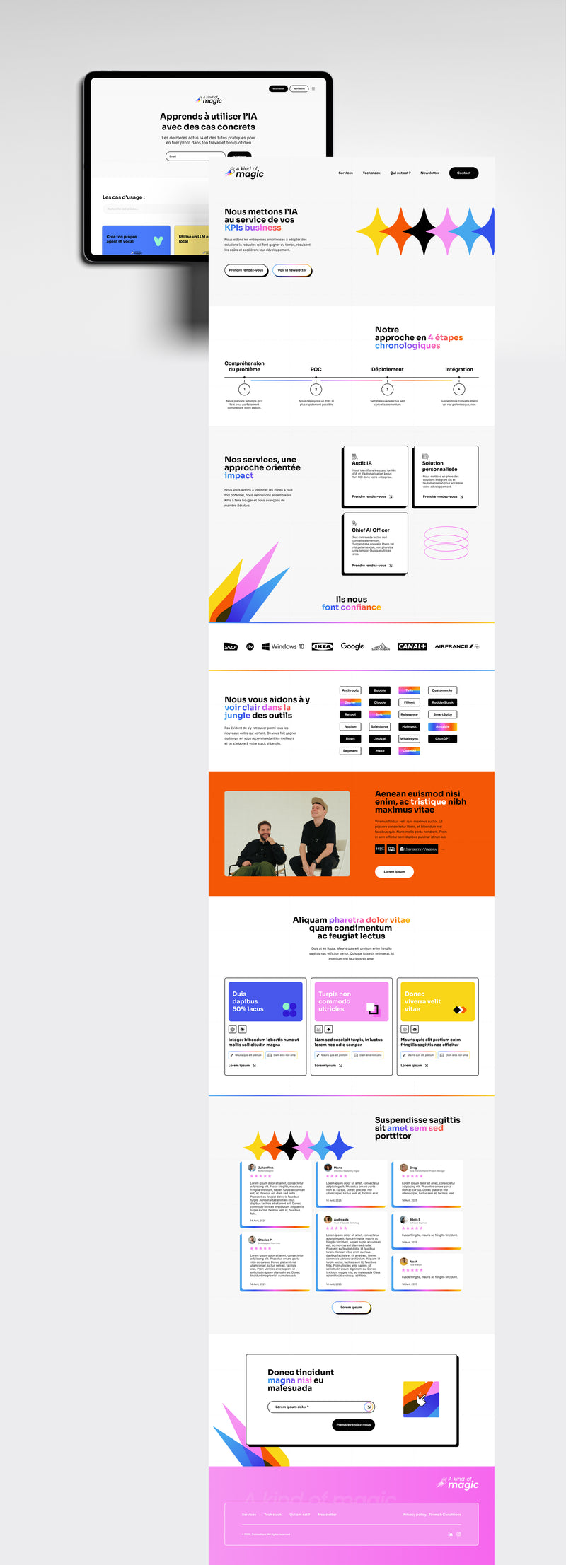 Vue d’ensemble de la page d’accueil A Kind of Magic, avec ses services, sa méthode et ses contenus sur l’IA.
