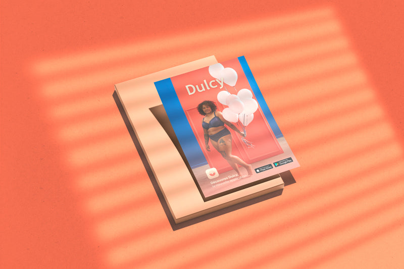 Affiche de campagne Dulcy présentant une application autour de la PMA avec visuel lifestyle et direction artistique colorée.