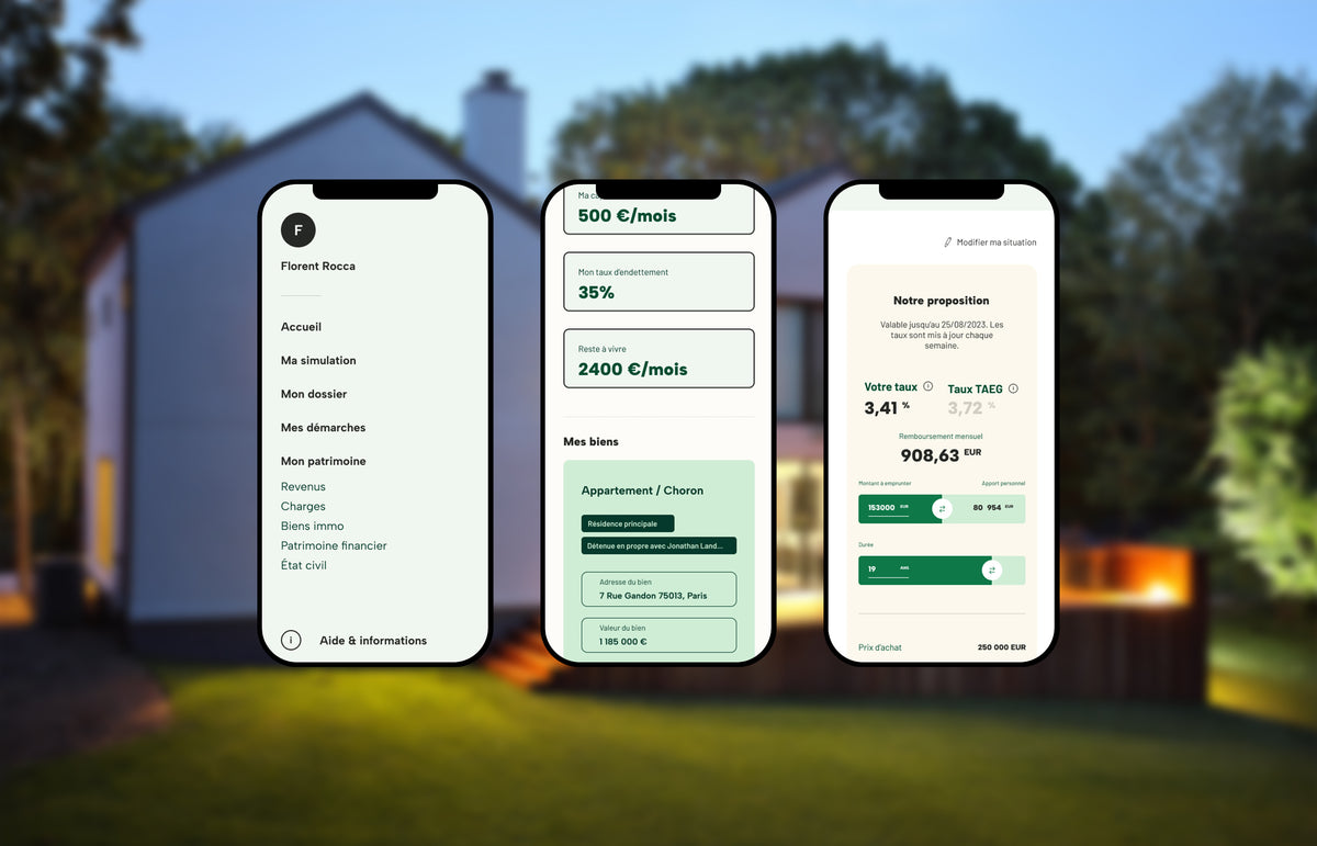 Interface d’une application mobile de simulation de crédit immobilier affichant revenus, taux d’endettement et proposition de financement.