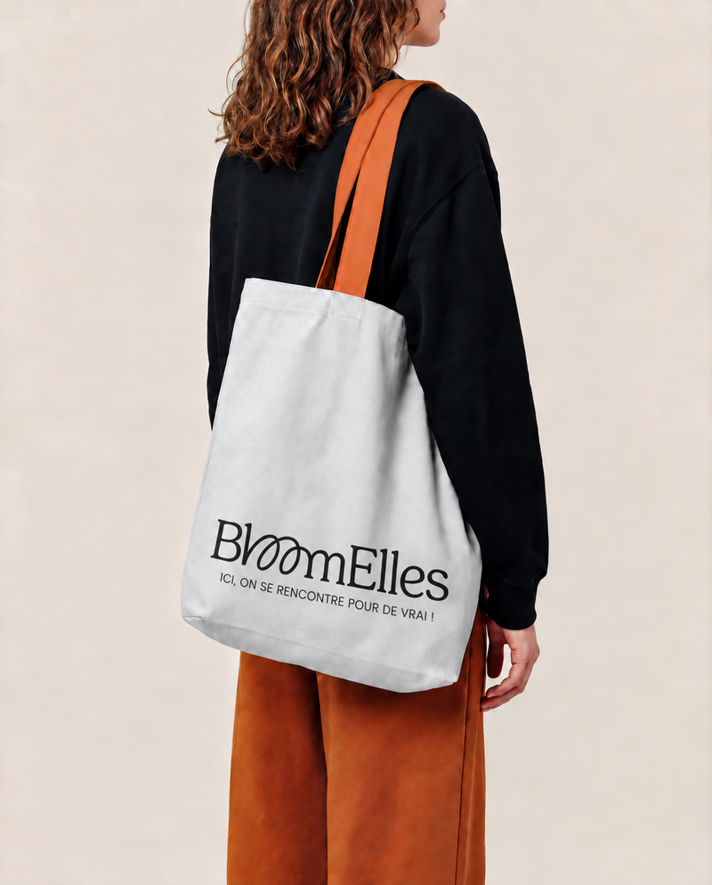 Tote bag blanc porté à l’épaule, avec le logo BloomElles imprimé en noir.