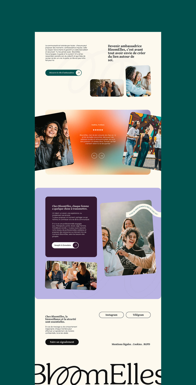 Webdesign BloomElles : sections ambassadrices, témoignages et transmission, puis pied de page.