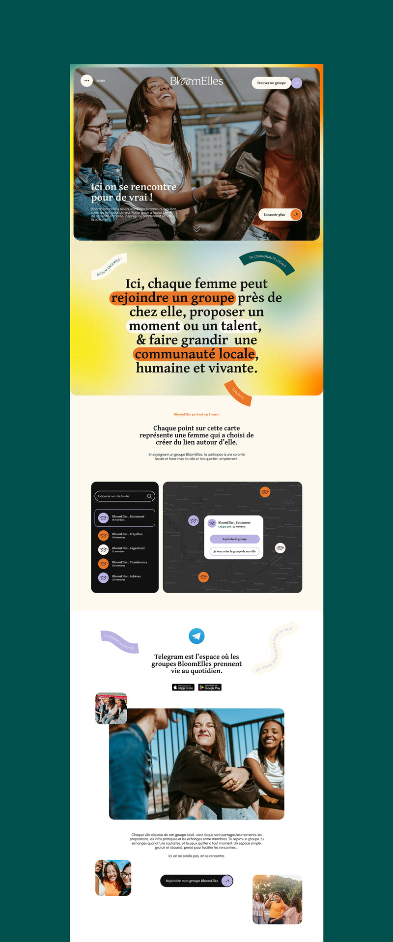 Page d’accueil du site BloomElles, avec présentation du réseau et carte des groupes locaux.