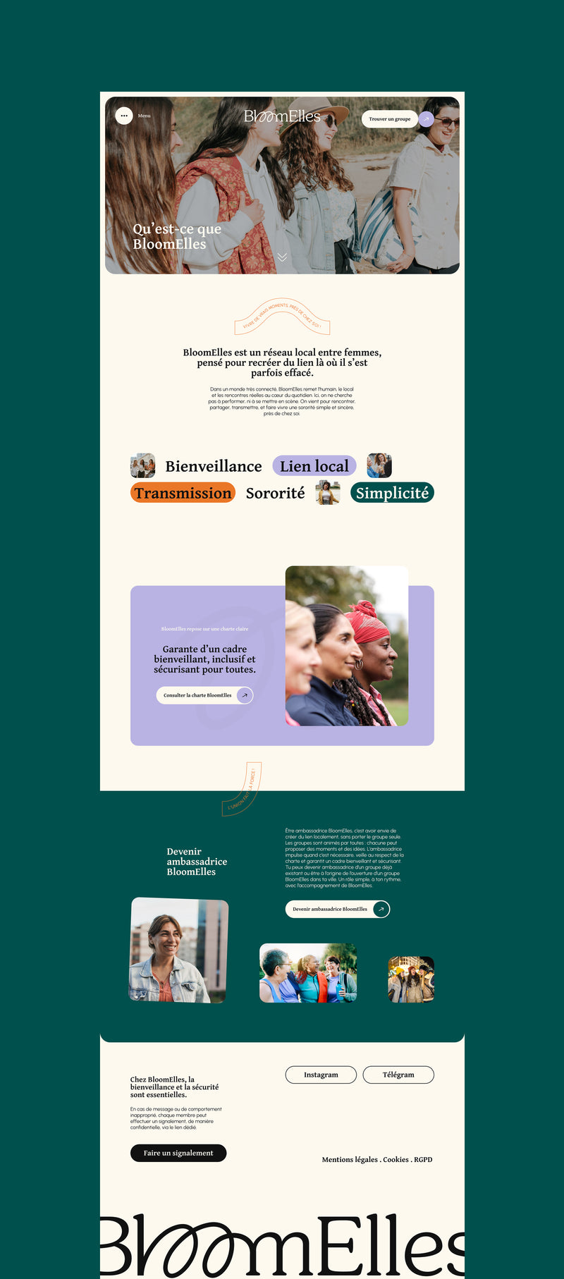 Page de présentation du site BloomElles : valeurs du réseau, charte et ambassadrices.