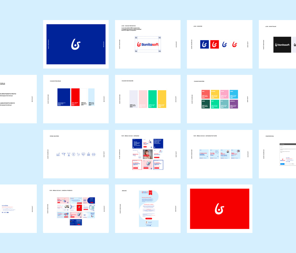 Système de branding Bonitasoft présentant les guidelines d’identité visuelle : logo, couleurs, typographies et déclinaisons pour une plateforme BPM open source.