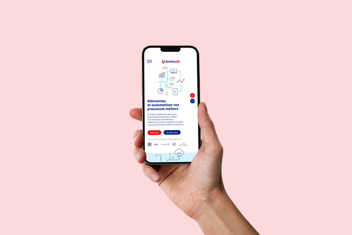 Interface mobile Bonitasoft affichée sur smartphone, présentant une solution BPM d’automatisation et d’optimisation des processus métier.