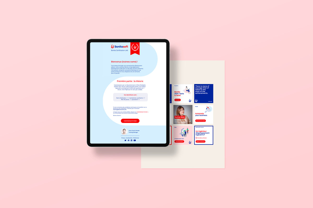 Interface Bonitasoft sur tablette présentant une plateforme de formation et d’onboarding autour du BPM et de l’automatisation des processus métier.