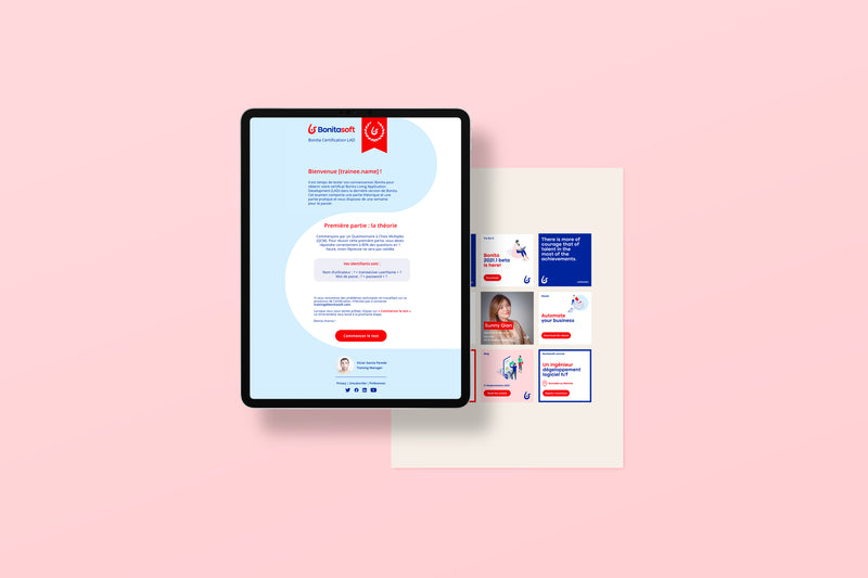 Interface Bonitasoft sur tablette présentant une plateforme de formation et d’onboarding autour du BPM et de l’automatisation des processus métier.
