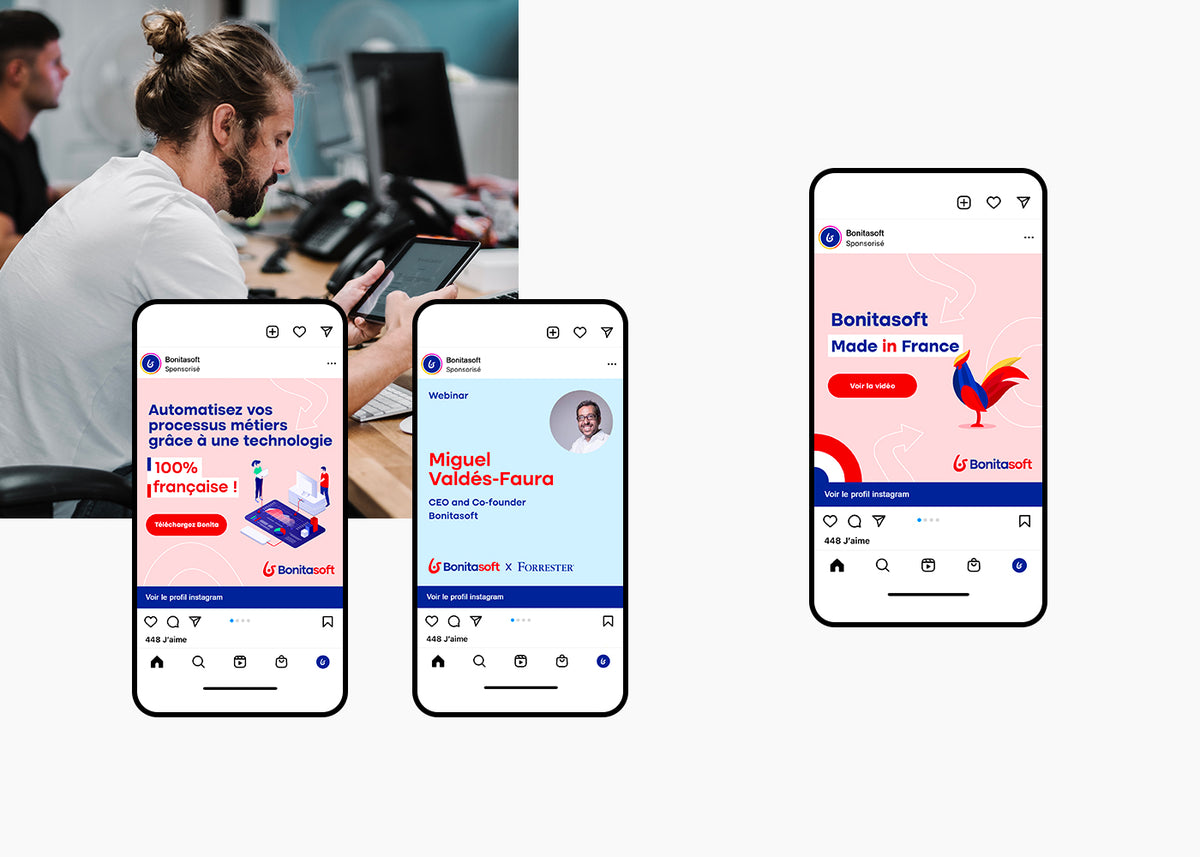 Déclinaison de campagnes social media Bonitasoft sur mobile présentant une plateforme BPM française d’automatisation des processus métier et de transformation digitale.