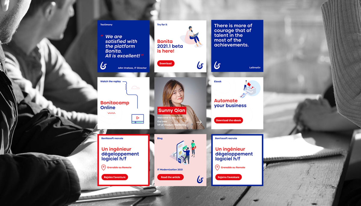 Exemples de contenus réseaux sociaux Bonitasoft illustrant la communication digitale autour du BPM et de l’automatisation des processus métier.
