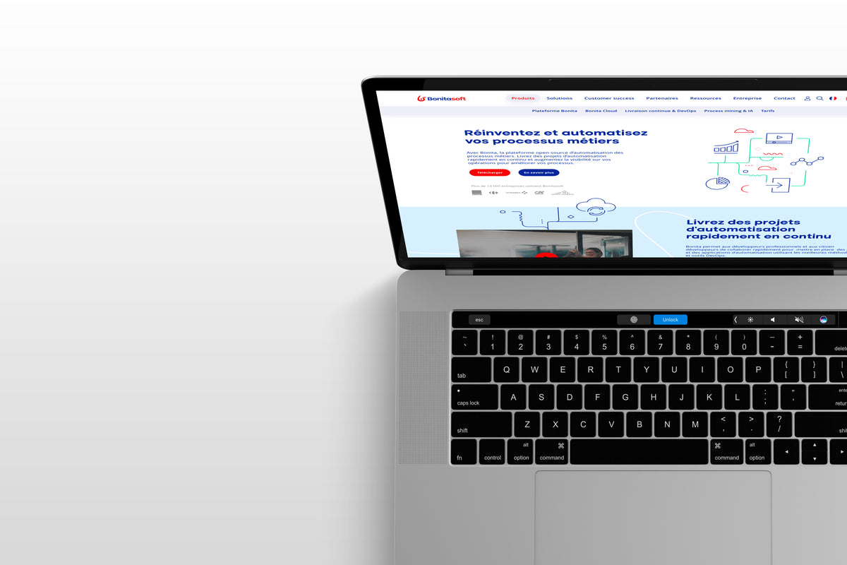 Ordinateur affichant le site Bonitasoft présentant une plateforme BPM open source dédiée à l’automatisation des processus métier.