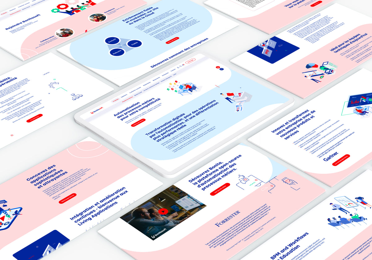 Maquettes d’interfaces Bonitasoft présentant le design UI d’une plateforme BPM open source dédiée à l’automatisation des processus métier.