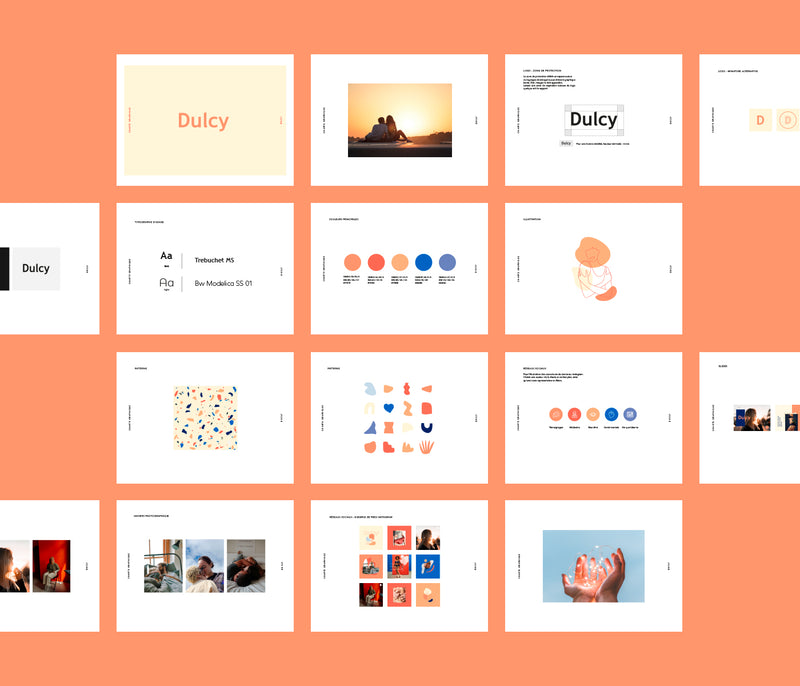 Présentation des brand guidelines Dulcy avec logo, typographies, palette de couleurs et éléments graphiques de l’identité visuelle.