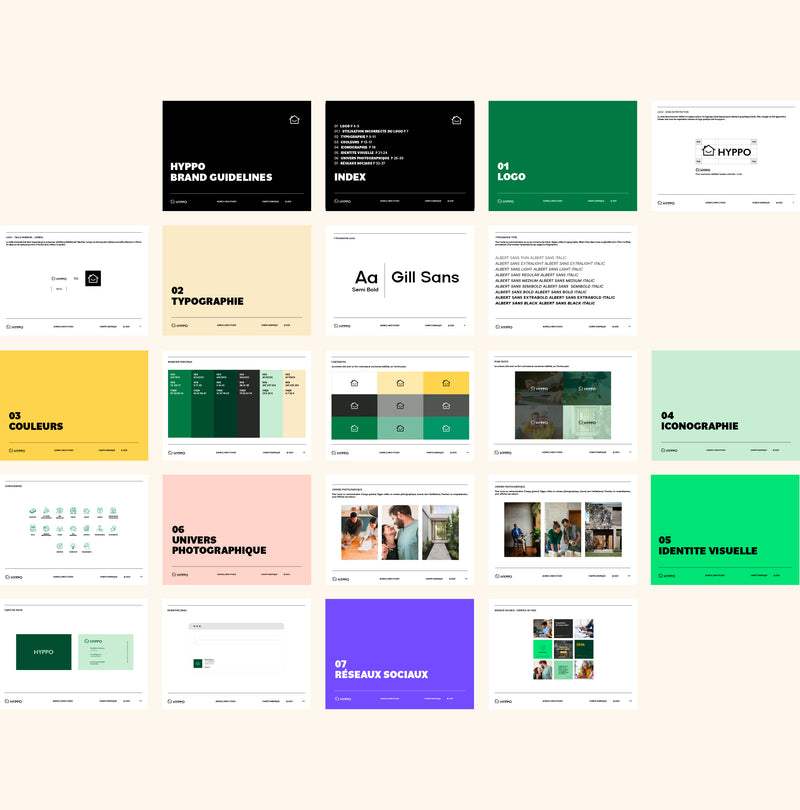 Aperçu des brand guidelines Hyppo Immo présentant le logo, la typographie, les couleurs, l’iconographie et l’univers visuel de la marque.