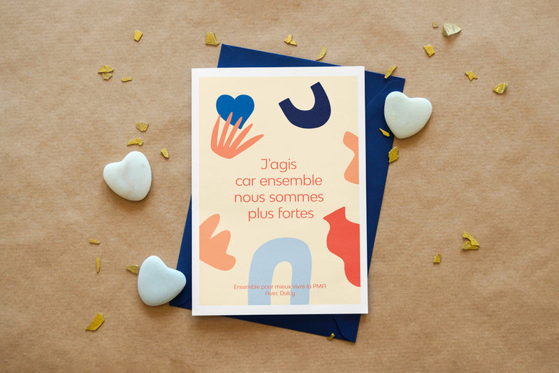 Carte illustrée Dulcy avec message de soutien “ensemble nous sommes plus fortes” liée à l’accompagnement émotionnel en PMA.