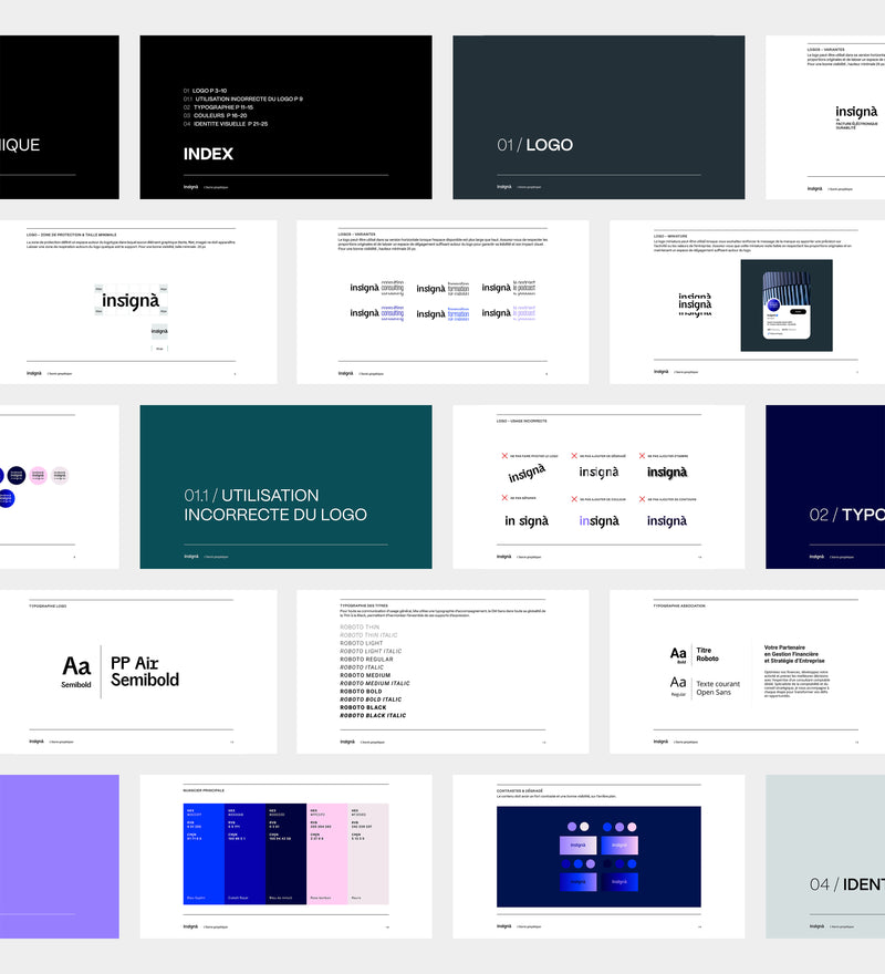 Planches de la charte graphique Insignà : sommaire, règles du logo, typographie et nuancier de couleurs.