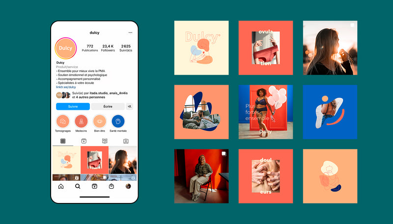 Exemple de feed Instagram Dulcy montrant l’univers visuel d’une marque dédiée à l’accompagnement autour de la PMA.