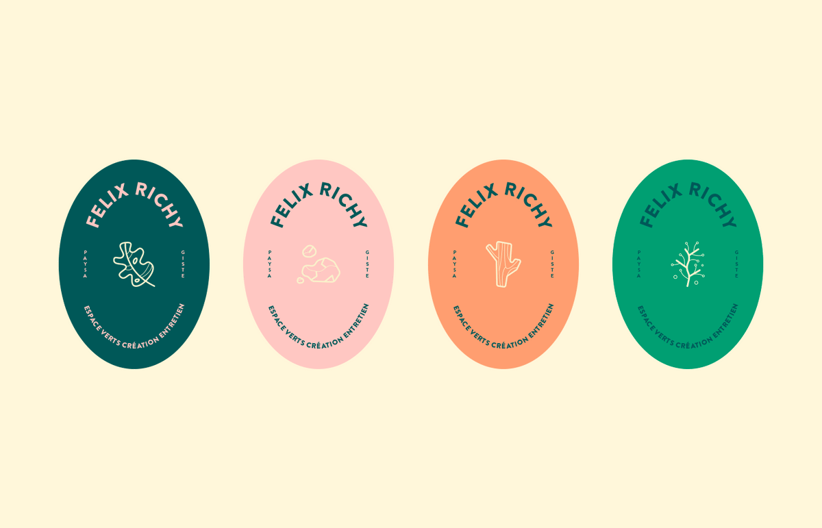 Déclinaisons du logo Félix Richy Paysage en différentes couleurs, illustrant la richesse et la cohérence de l’identité visuelle d’un paysagiste.
