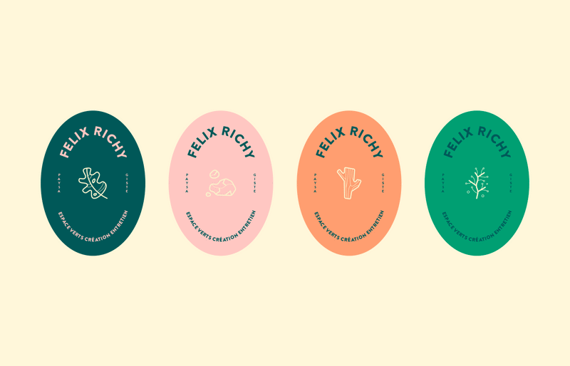 Déclinaisons du logo Félix Richy Paysage en différentes couleurs, illustrant la richesse et la cohérence de l’identité visuelle d’un paysagiste.