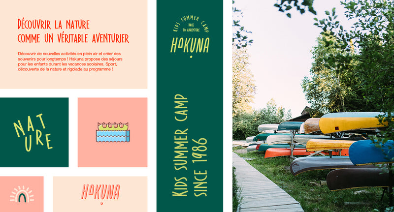 Identité visuelle du camp Hakuna avec activités nature et plein air pour enfants, illustrant une colonie de vacances moderne dédiée à l’aventure et à la découverte.