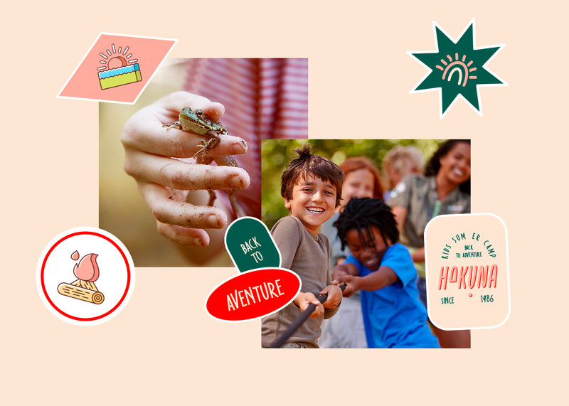 Enfants participant à des activités nature et jeux en plein air, illustrant l’esprit d’aventure et de découverte d’une colonie de vacances Hakuna.