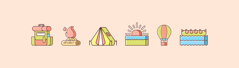 Icônes illustrées Hakuna représentant les activités de colonie de vacances pour enfants : camping, feu de camp, baignade et aventure en plein air.