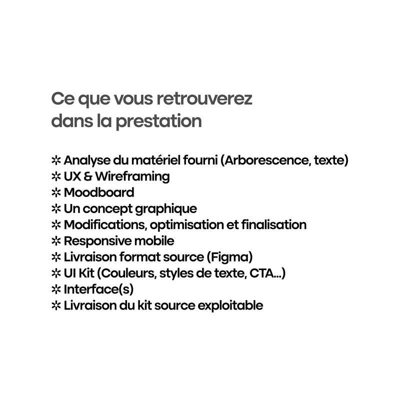 Détail de la prestation de création de site web : analyse, UX et wireframing, moodboard, concept graphique, responsive et livraison des sources Figma.