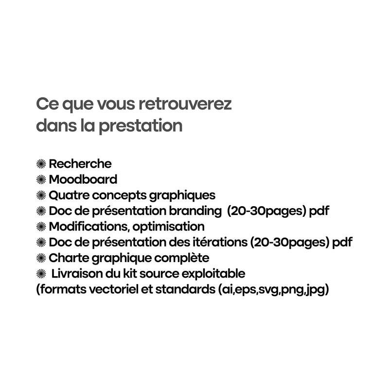 Détail de la prestation d'identité visuelle : recherche, moodboard, quatre concepts graphiques, charte complète et livraison des sources vectorielles.