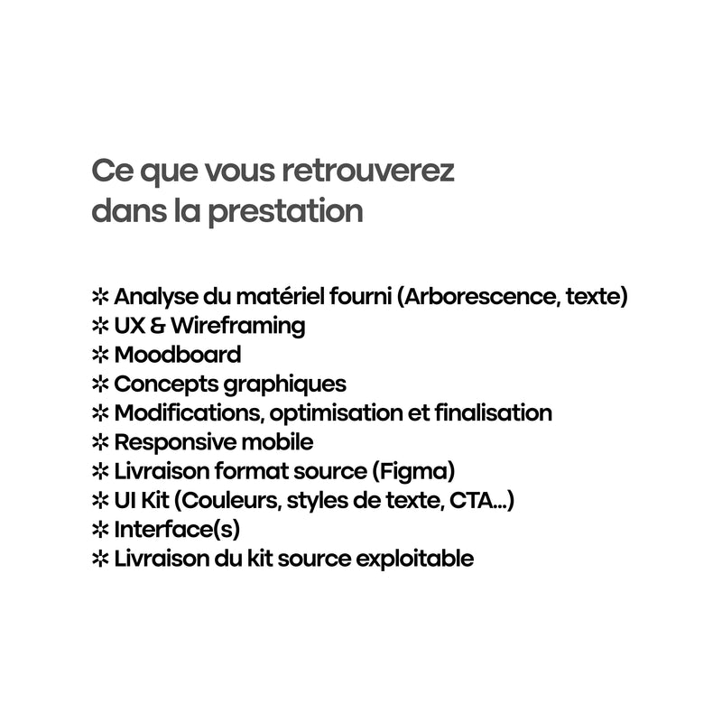 Détail de la prestation site web : recherche, moodboard, concepts graphiques, charte, UX,UI, wireframing et livraison des sources.