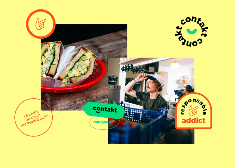 Composition graphique mêlant photos de sandwich et restaurateur avec éléments de branding pour une identité visuelle de restauration éco-responsable.