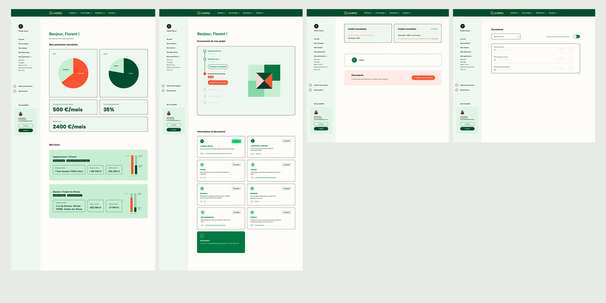 Captures d’écran d’une application web de gestion de patrimoine immobilier avec tableau de bord, simulation de crédit et suivi de dossier.
