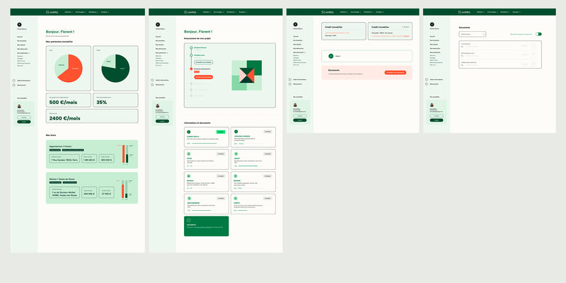 Captures d’écran d’une application web de gestion de patrimoine immobilier avec tableau de bord, simulation de crédit et suivi de dossier.
