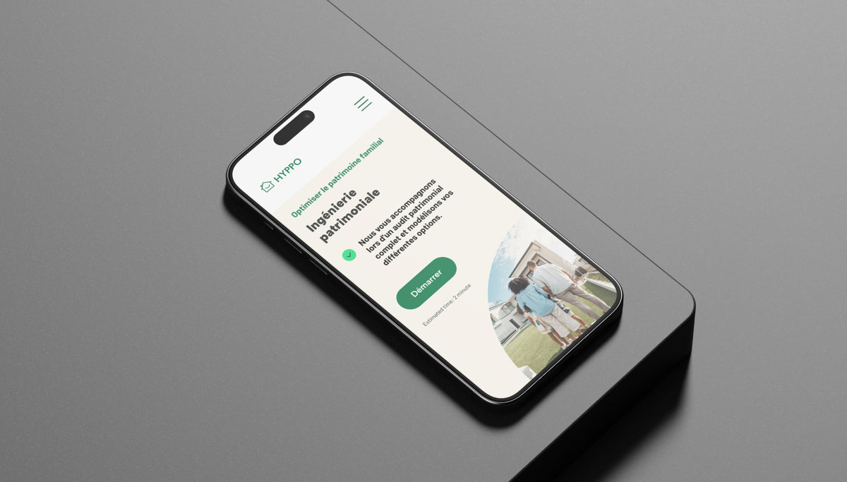Interface mobile Hyppo présentant un service d’ingénierie patrimoniale et d’optimisation du patrimoine immobilier.