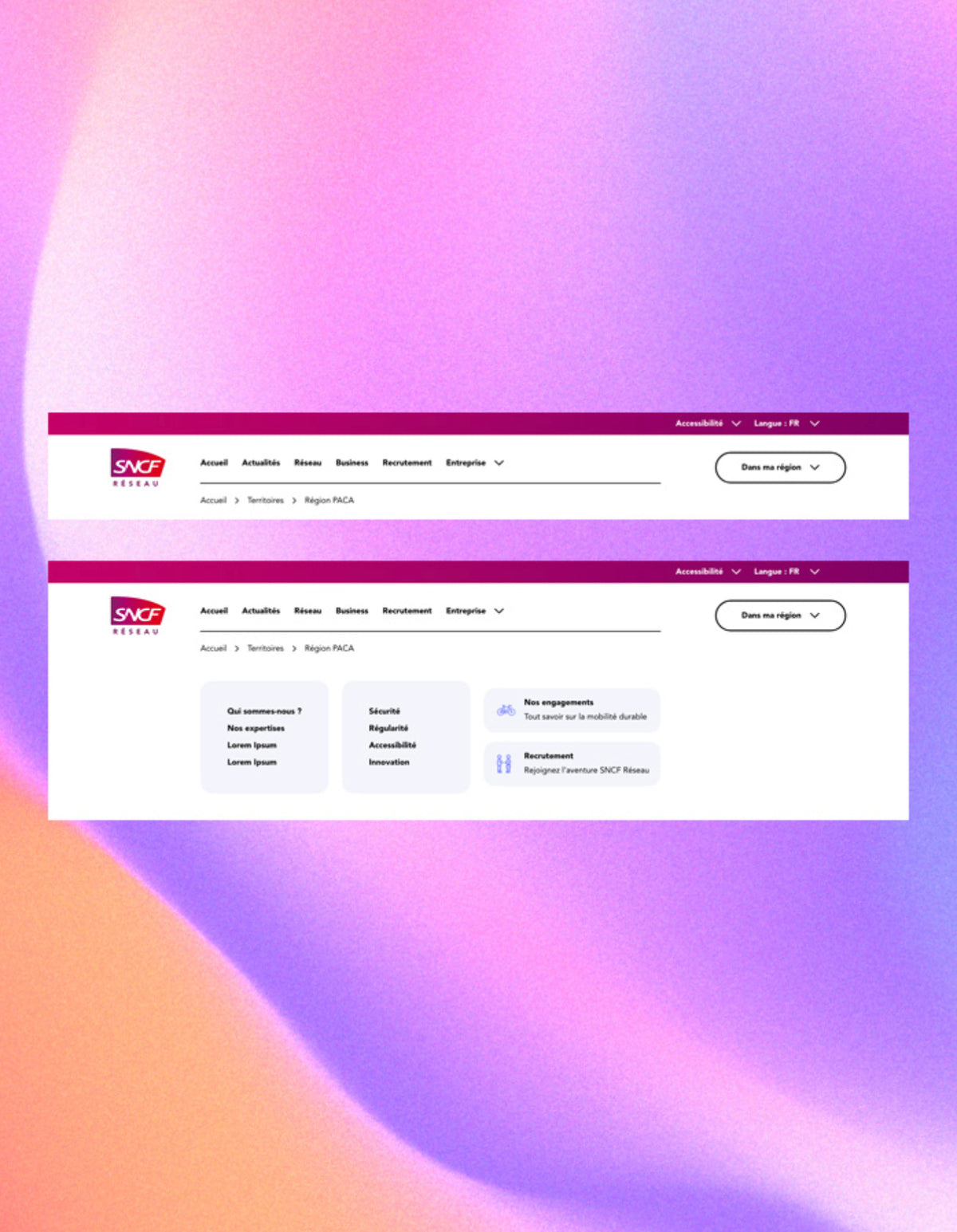 Présentation du design de navigation et du menu du site SNCF Réseau dans un projet de webdesign.