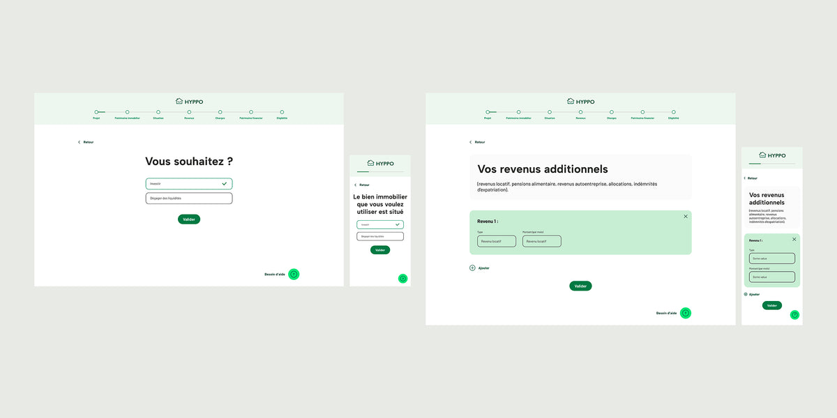 Écrans d’interface d’une application de simulation de crédit immobilier permettant de renseigner projet, revenus et patrimoine financier.