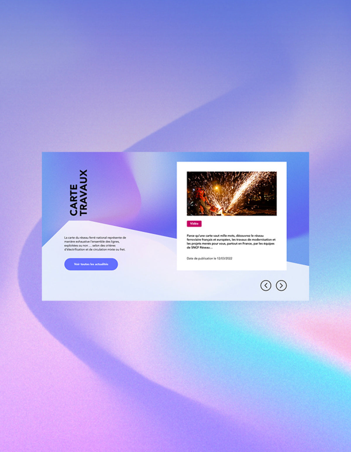 Composant d’interface du site SNCF Réseau présentant les actualités des travaux ferroviaires dans un projet de webdesign.