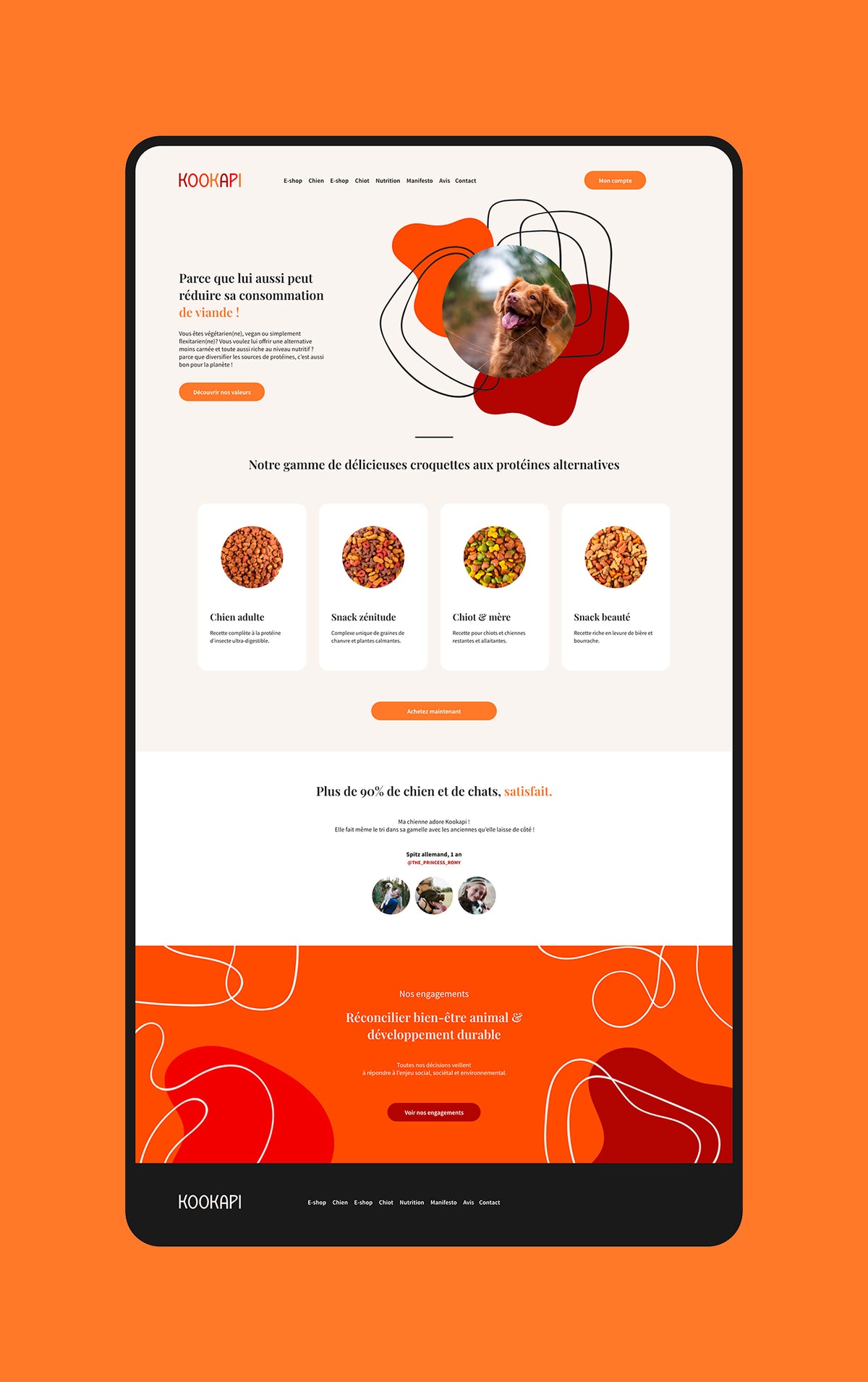 Maquette de site web Kookapi présentant des croquettes pour chien à base de protéines d’insectes, une alimentation durable et innovante pour le bien-être animal.