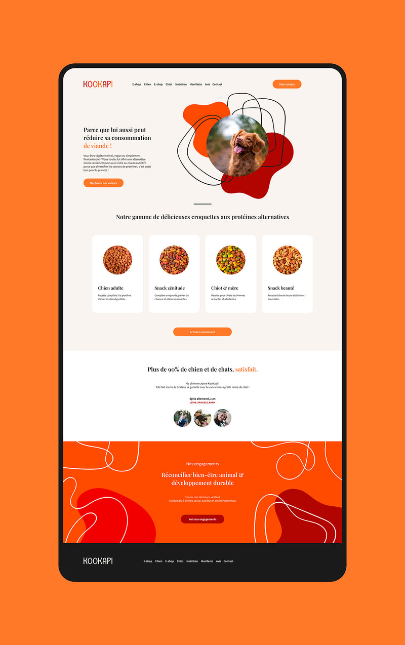 Maquette de site web Kookapi présentant des croquettes pour chien à base de protéines d’insectes, une alimentation durable et innovante pour le bien-être animal.