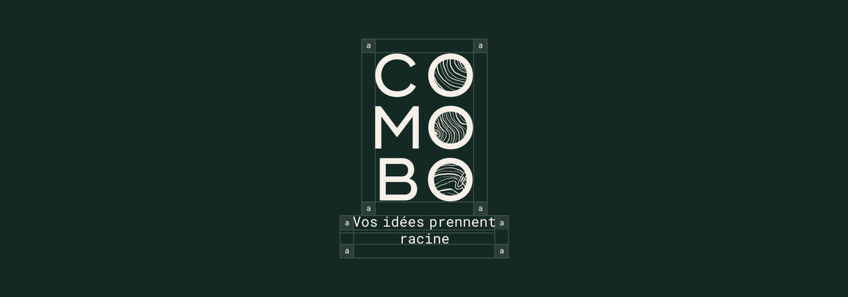 Logo de la marque COMOBO sur fond vert foncé, composé des lettres C, O, M, O, B, O dont certaines intègrent des illustrations de veines de bois, avec la tagline 
