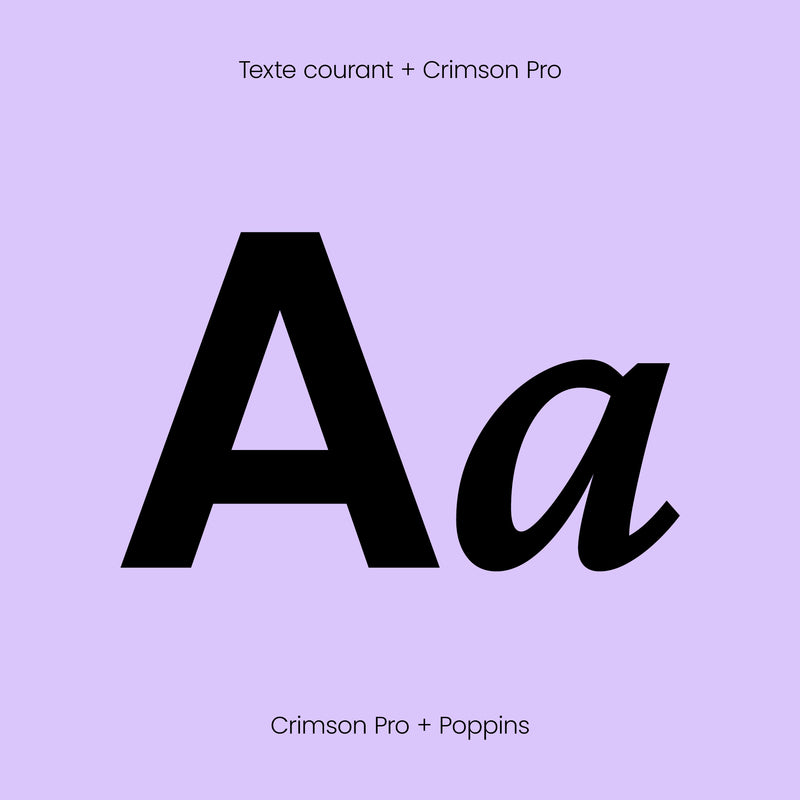 Association des typographies Crimson Pro et Poppins, illustrée par les lettres Aa sur fond lavande.