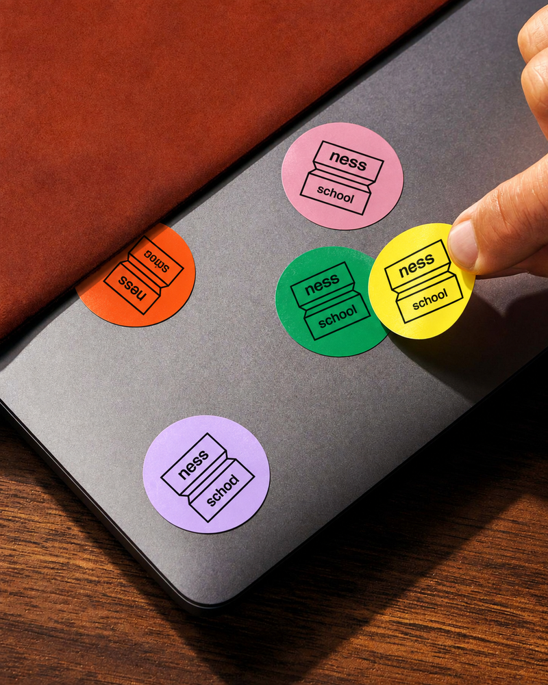 Stickers orange, rose, vert, jaune et lavande portant le logo Ness School sur un ordinateur portable.