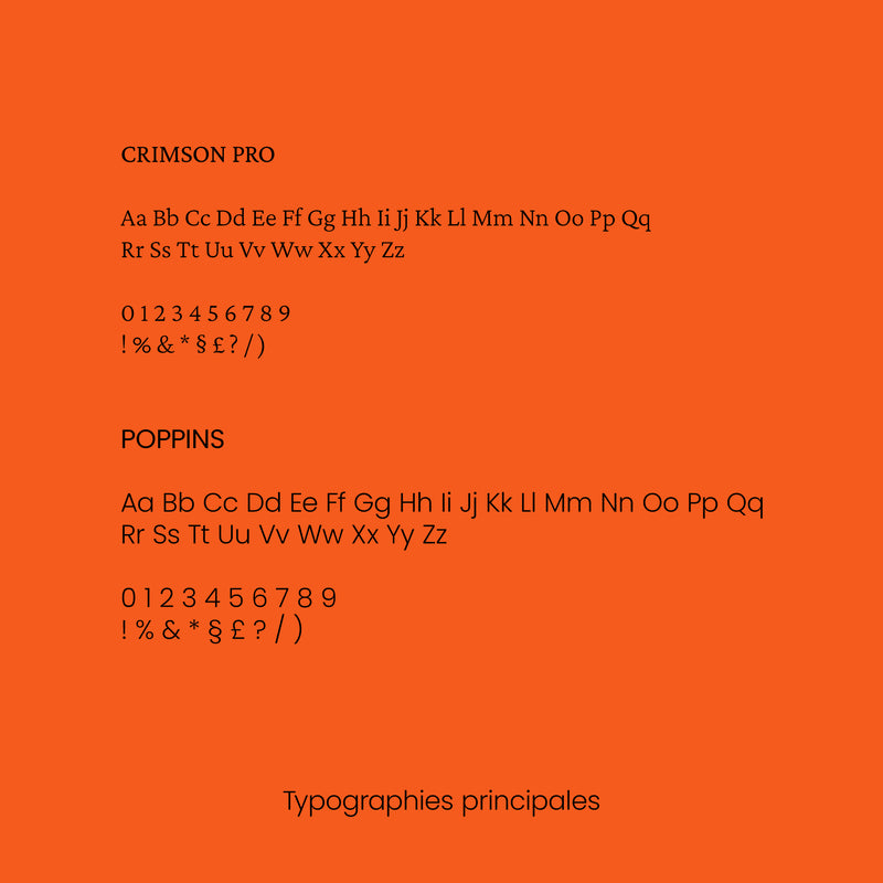 Typographies Crimson Pro et Poppins de Ness School, avec alphabets et chiffres sur fond orange.