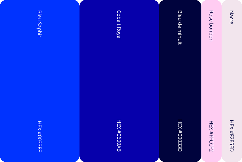 Nuancier d'une charte graphique : Bleu Saphir, Cobalt Royal, Bleu de minuit, Rose bonbon et Nacre avec codes hexadécimaux