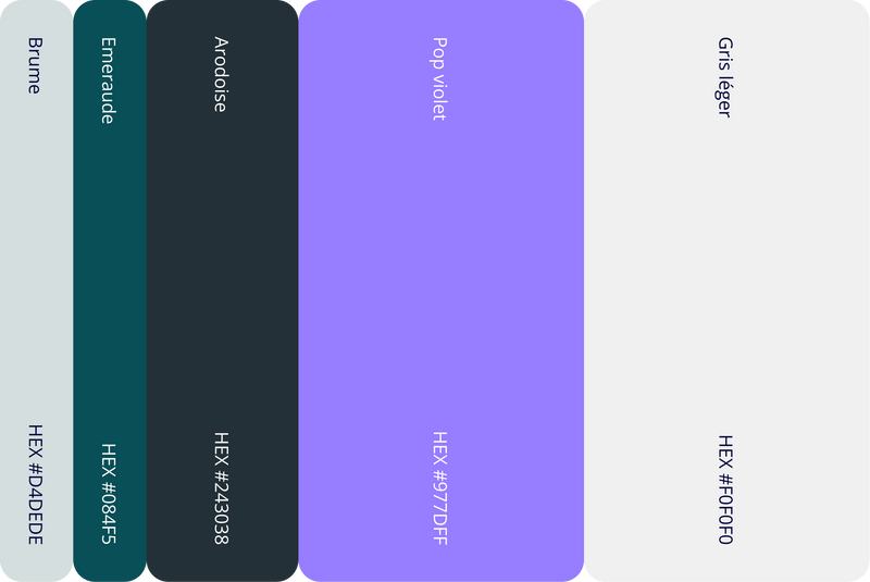 Nuancier secondaire de la charte graphique Insignà : Brume, Émeraude, Ardoise, Pop violet et Gris léger avec codes hexadécimaux.